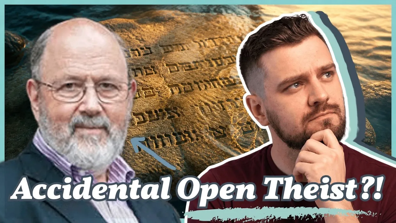 N.T. Wright beside Tim Barber, who rests his chin on his hand, in front of a stone carved with Hebrew letters, under the words Accidental Open Theist?!