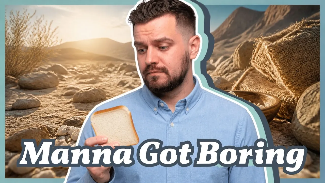 Tim Barber holding up a plain slice of bread in a rocky desert, under the words Manna Got Boring