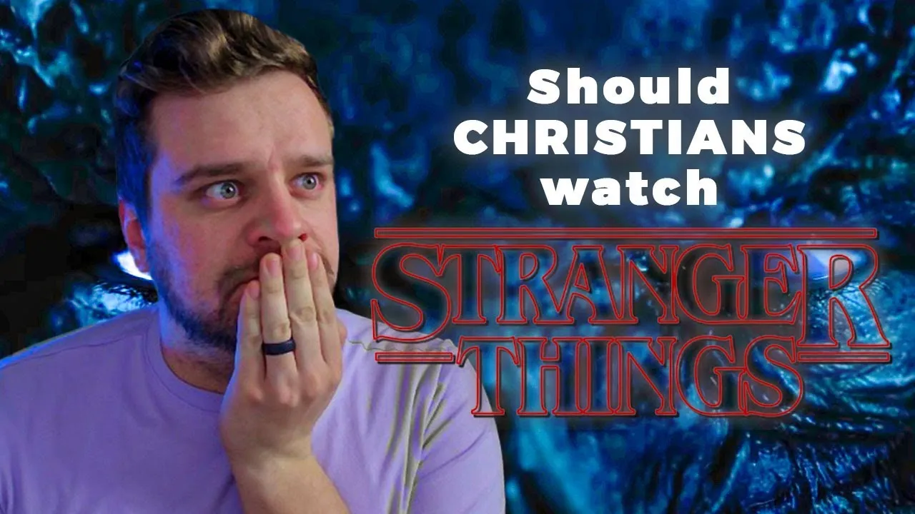 Graphic combining the Stranger Things logo with an open Bible, for a video about Christians and TV choices.